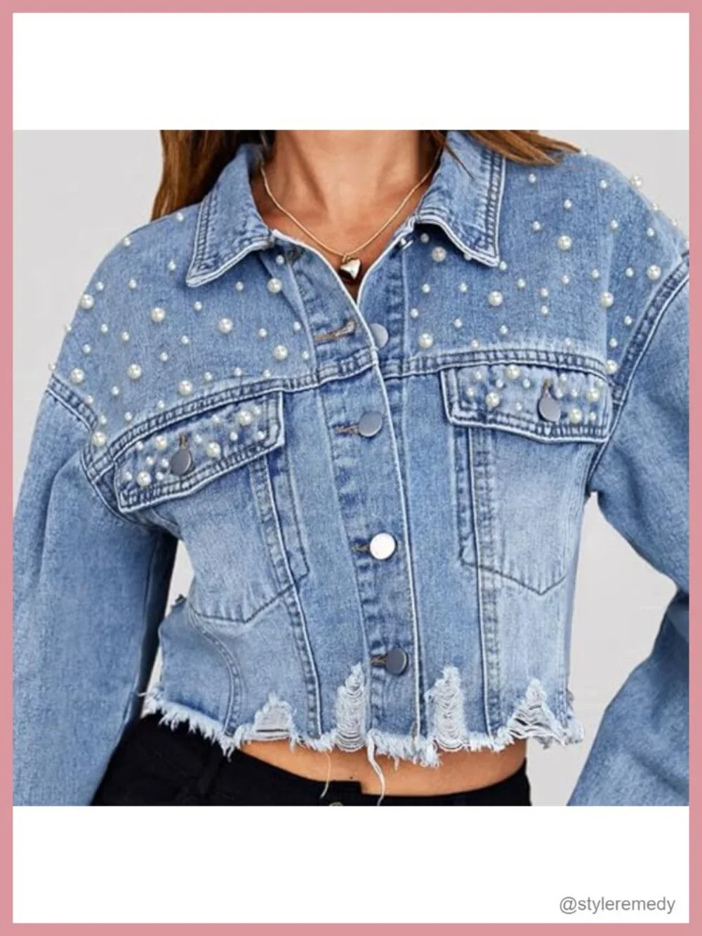Pearl Beaded Cropped Denim Jacket Women Distressed Frayed Hem Shacket